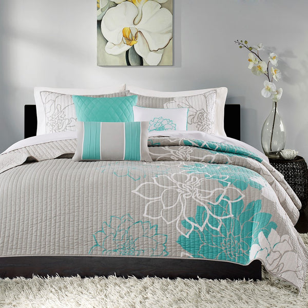 Lola 6 Piece Reversible Cotton Printed Coverlet Set - Aqua