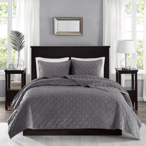 Harper Velvet 3 Piece Coverlet Set - Grey