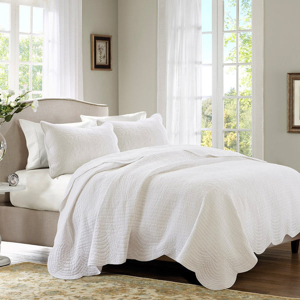 Tuscany 3 Piece Reversible Scalloped Edge Coverlet Set - White