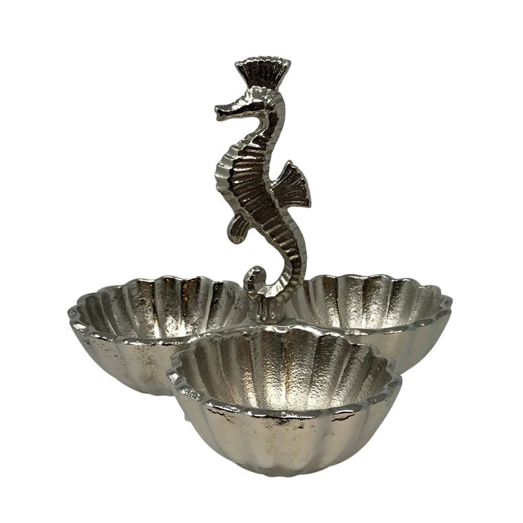 Polished Cast Aluminum Seahorse 3 Bowl Serving Centerpiece