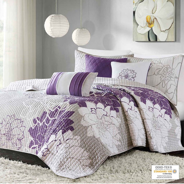 Lola 6 Piece Reversible Cotton Printed Coverlet Set - Purple
