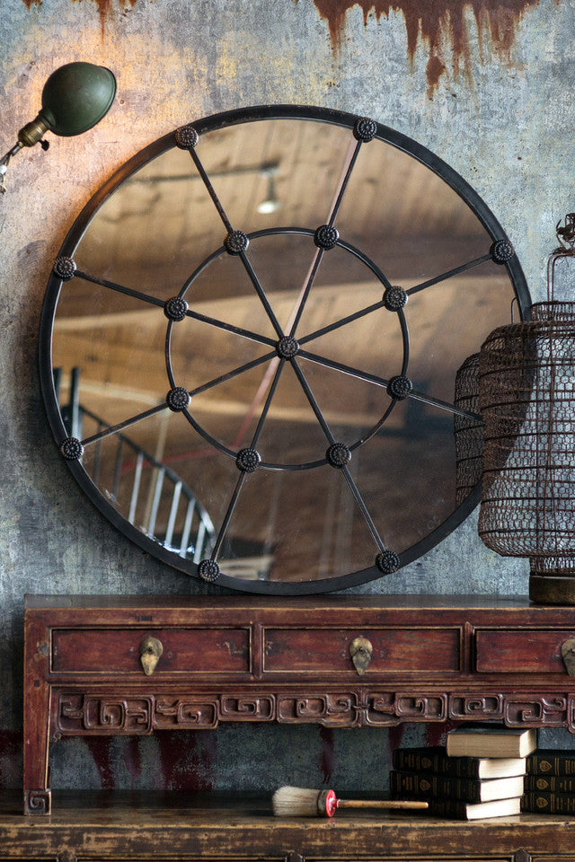 Distressed Round Cast Iron Mirror with Rosettes