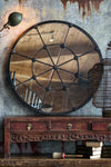 Distressed Round Cast Iron Mirror with Rosettes