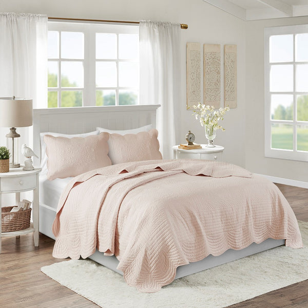 Tuscany 3 Piece Reversible Scalloped Edge Coverlet Set - Blush