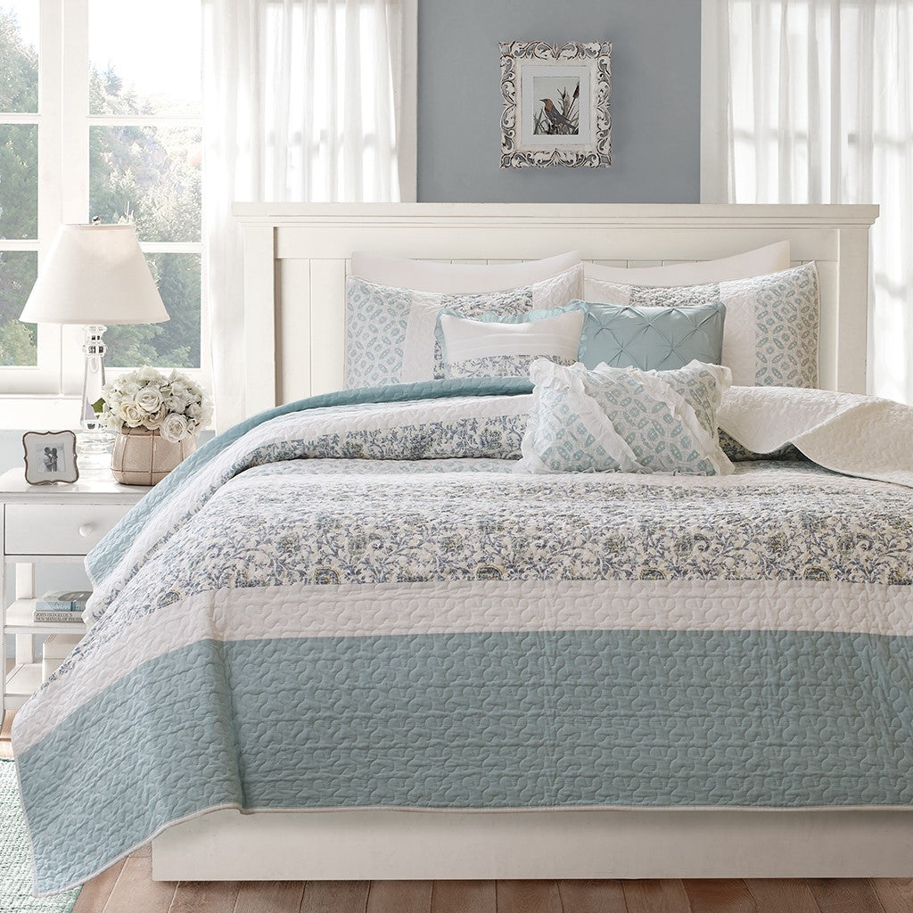 Dawn 6 Piece Cotton Percale Reversible Coverlet Set - Blue