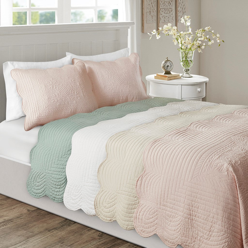 Tuscany 3 Piece Reversible Scalloped Edge Coverlet Set - Blush