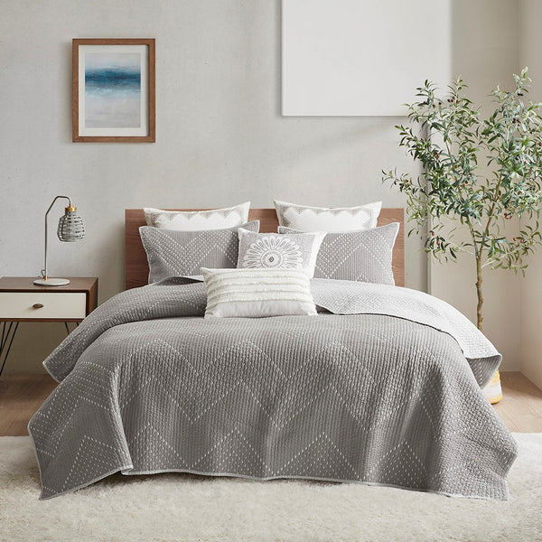 Pomona Cotton Embroidered 3 Piece Coverlet Set - Gray