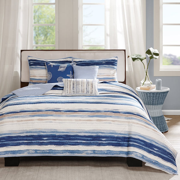 Marina 6 Piece Quilted Microfiber Coverlet Set with Throw Pillows - Blue