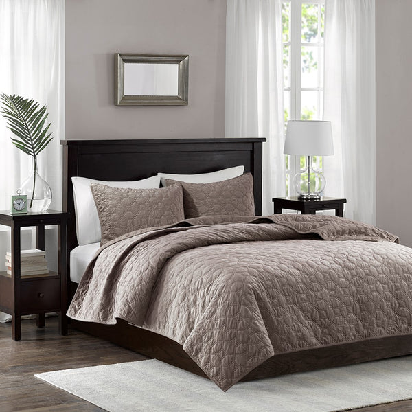Harper Velvet 3 Piece Coverlet Set - Taupe