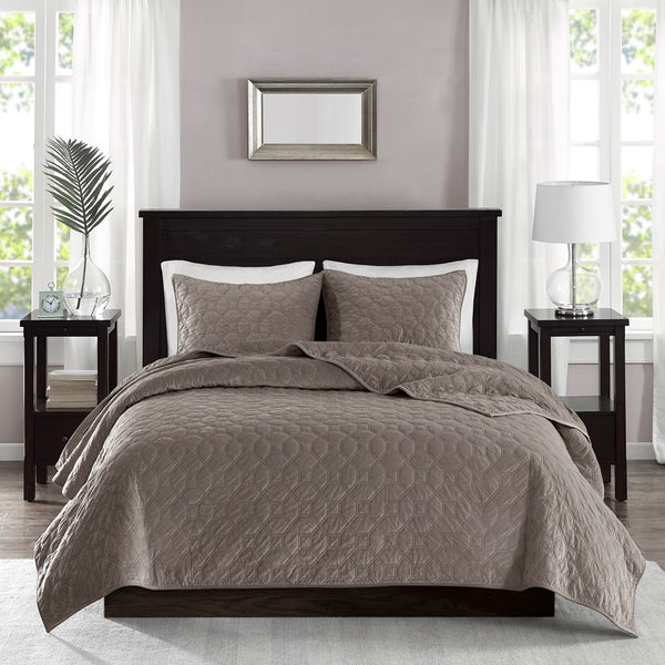 Harper Velvet 3 Piece Coverlet Set - Taupe