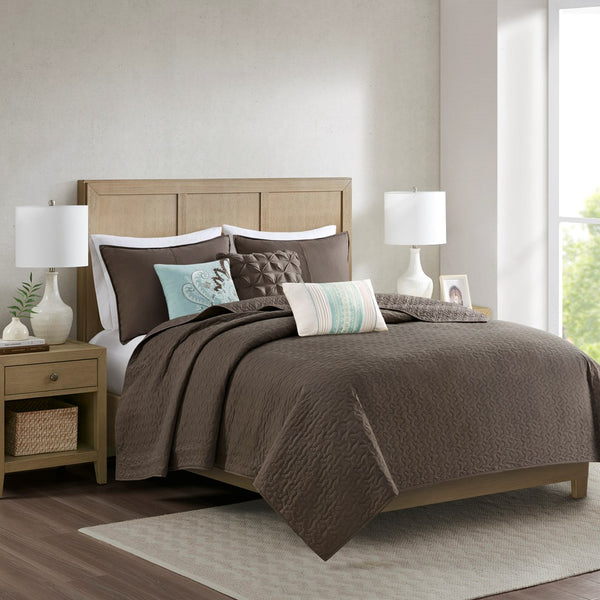 Geneva 6 Piece Reversible Coverlet Set - Brown