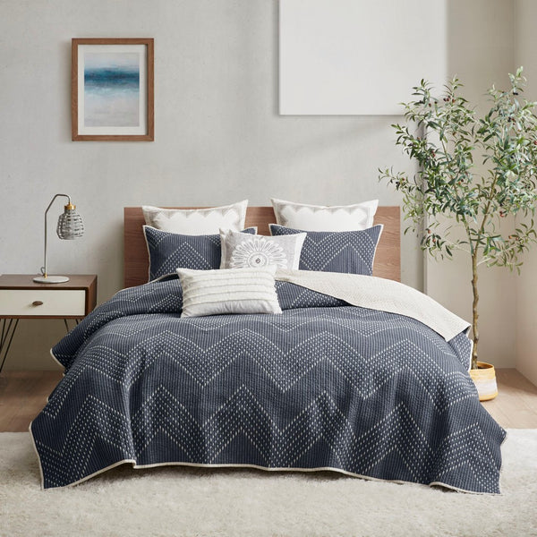 Pomona Cotton Embroidered 3 Piece Coverlet Set - Navy