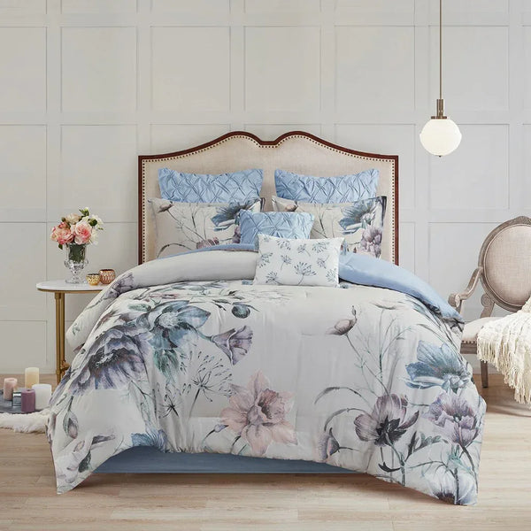 Cassandra 8 Piece Cotton Printed Comforter Set - Blue - Gifts for You 'n Me
