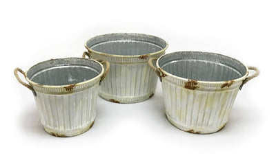 Set Of 3 Corrugated Tin Planter Buckets/Distressed Cream FInish