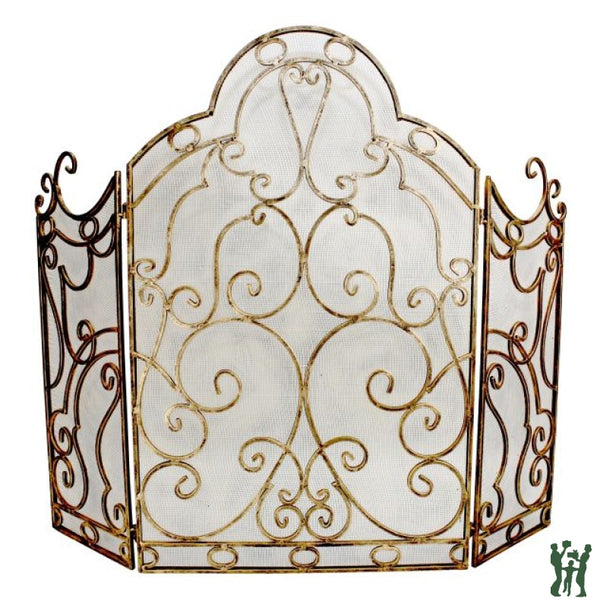 Iron Scroll Design Fire Screen - Hearth Three Panel With Mesh Fireplace
