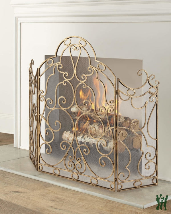 Iron Scroll Design Fire Screen - Hearth Three Panel With Mesh Fireplace