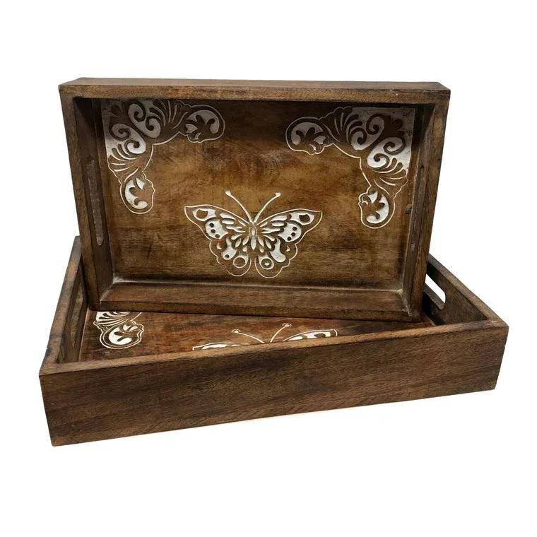Set of 2 Dancing Butterflies Hand-Carved Wood Serving Trays - Gifts for You 'n Me