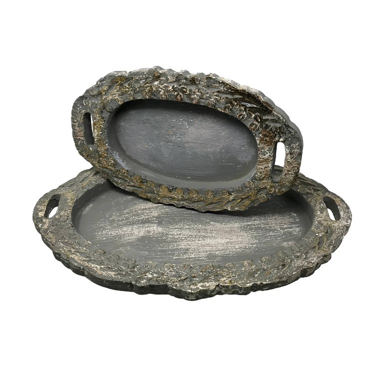 Set of 2 Hand Carved Wood LOUIS XIV Vanity Trays/Grey/Gold - Gifts for You 'n Me