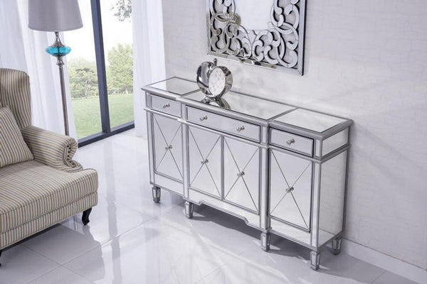 Elegant 3 Drawer 4 Door Cabinet 60 In. X 14 In. X 36 In. In Silver Clear