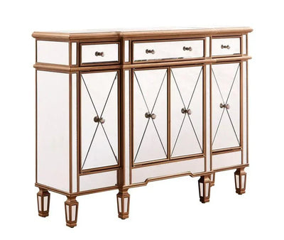 Elegant 3 Drawer 4 Door Cabinet 48 .In. X 14 In. X 36 In. In Gold Clear