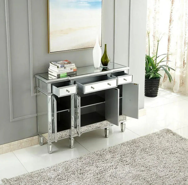 Elegant 3 Drawer 4 Door Cabinet 48 .In. X 14 In. X 36 In. in Silver Clear - Gifts for You 'n Me