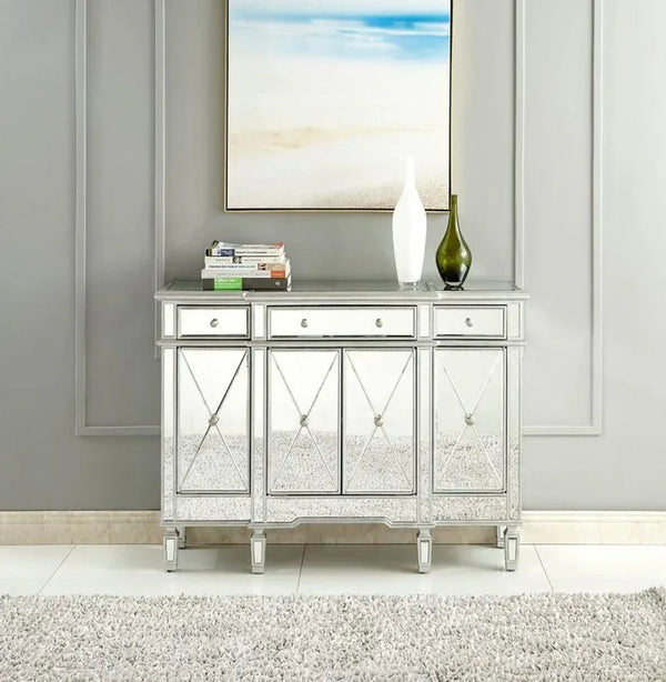 Elegant 3 Drawer 4 Door Cabinet 48 .In. X 14 In. X 36 In. in Silver Clear - Gifts for You 'n Me