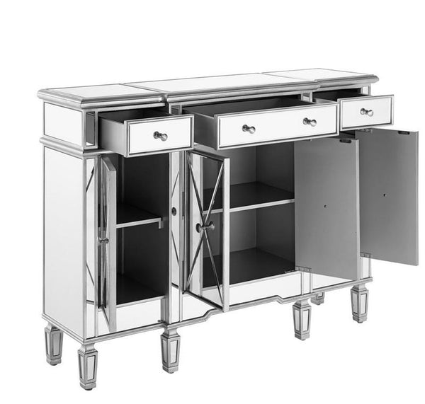 Elegant 3 Drawer 4 Door Cabinet 48 .In. X 14 In. X 36 In. in Silver Clear - Gifts for You 'n Me