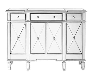 Elegant 3 Drawer 4 Door Cabinet 48 .In. X 14 In. X 36 In. in Silver Clear