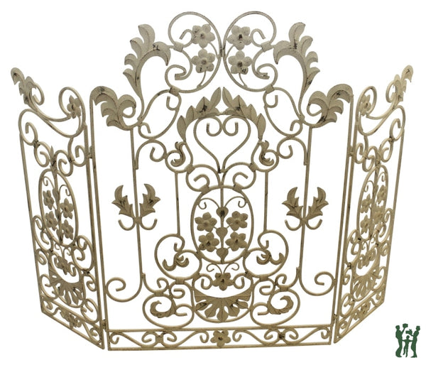 Old World Antique Iron & Tole Spring Floral Design Three Panel Fire Screen Fireplace