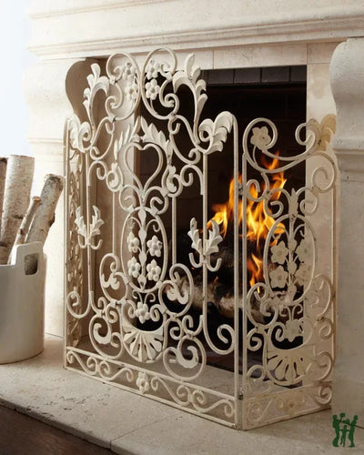 Old World Antique Iron & Tole Spring Floral Design Three Panel Fire Screen