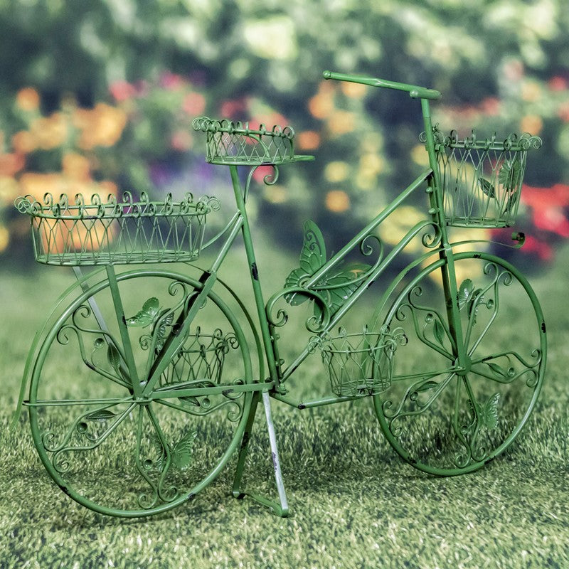 LARGE IRON BUTTERFLY BICYCLE PLANT STAND IN MOSS GREEN