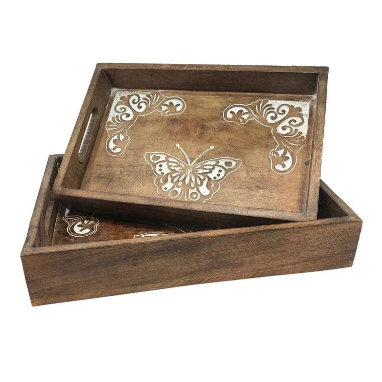 Set of 2 Dancing Butterflies Hand-Carved Wood Serving Trays - Gifts for You 'n Me