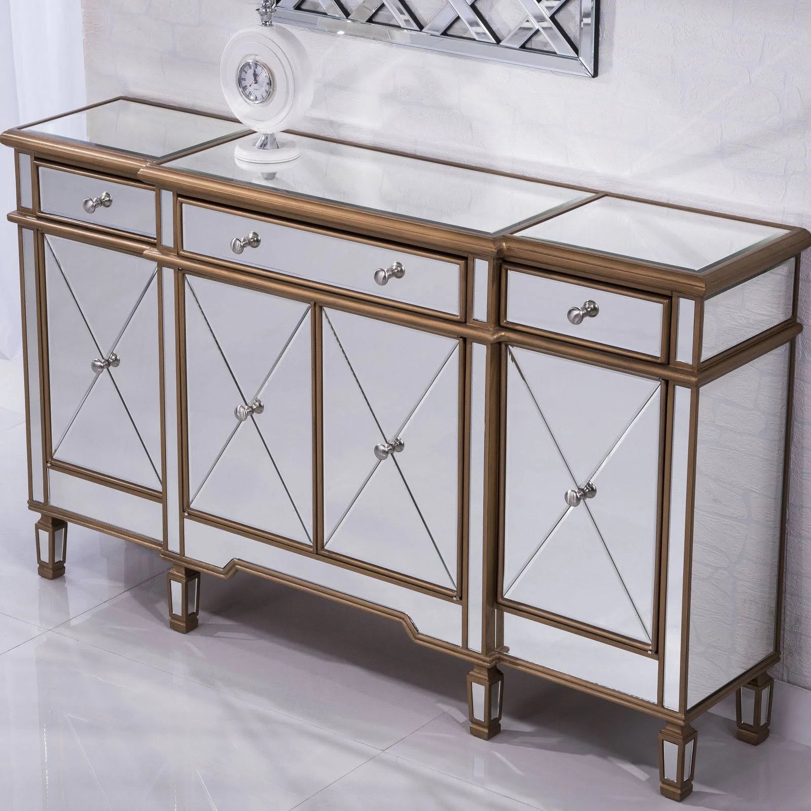 Elegant 3 Drawer 4 Door Cabinet 60 In. X 14 In. X 36 In. In Gold Clear