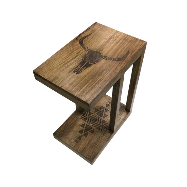 Branding Iron Longhorn Skull Mango Wood Slipper Side Table - Gifts for You 'n Me