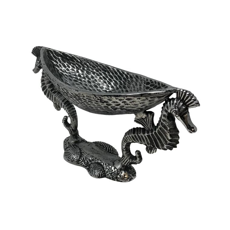 Antiq. Nickel Cast Aluminum 2 Seahorse Pedestal Serving Bowl
