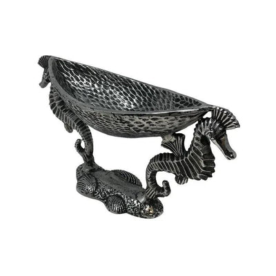 Antiq. Nickel Cast Aluminum 2 Seahorse Pedestal Serving Bowl