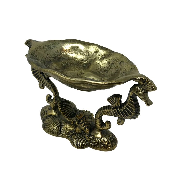 Antique Brass Cast Aluminum 2 Seahorse Pedestal Serving Bowl