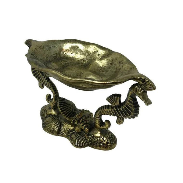 Antique Brass Cast Aluminum 2 Seahorse Pedestal Serving Bowl - Gifts for You 'n Me