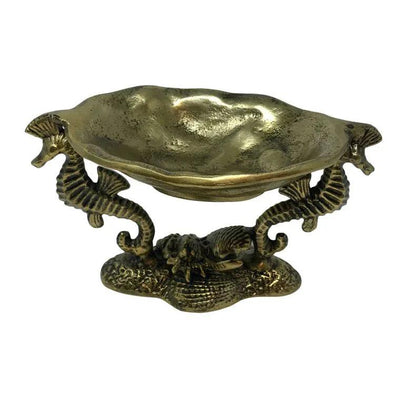 Antique Brass Cast Aluminum 2 Seahorse Pedestal Serving Bowl