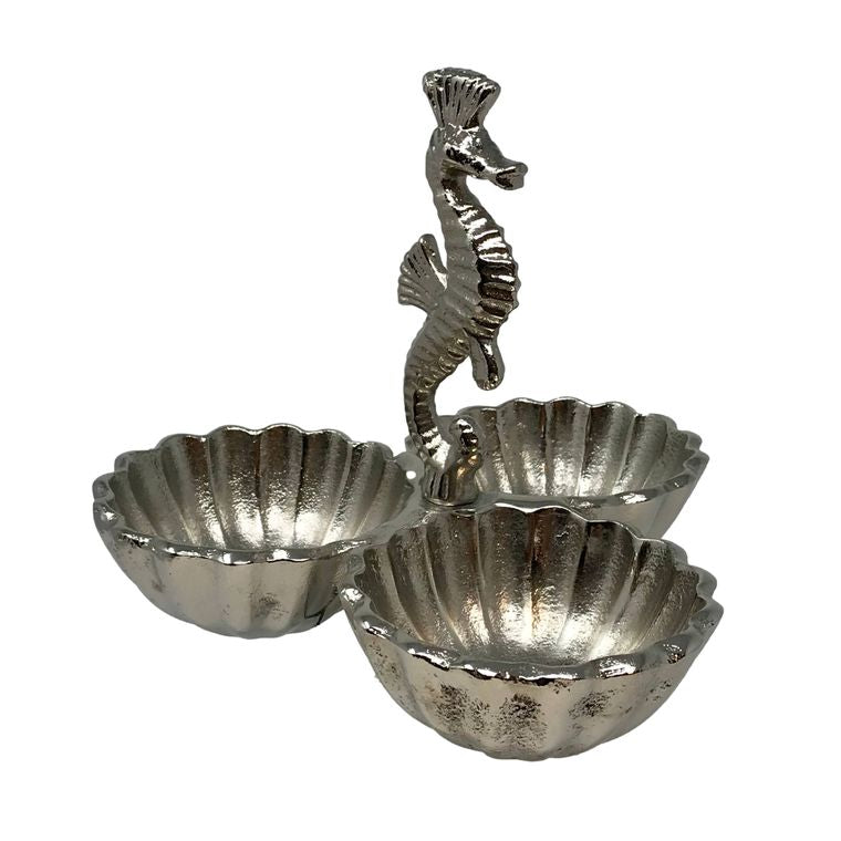 Polished Cast Aluminum Seahorse 3 Bowl Serving Centerpiece