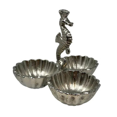 Polished Cast Aluminum Seahorse 3 Bowl Serving Centerpiece