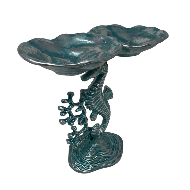 Cast Aluminum Seahorse & Coral Pedestal w/2 Condiment Bowls